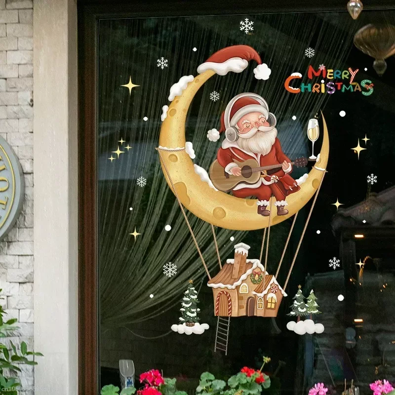 Merry Christmas Santa Claus Wreath Pattern PVC Sticker Window Wall Sticker Living Room Home Party New Year Stickers Decor 2023