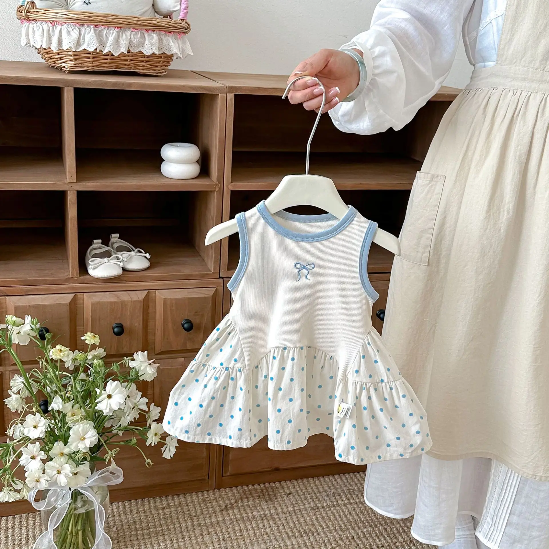 2026 Summer New Girls Sweet Bow Polka Dot Dress Infant Sleeveless Splicing Dress Cotton Baby Girl Princess Dress Toddler Clothes