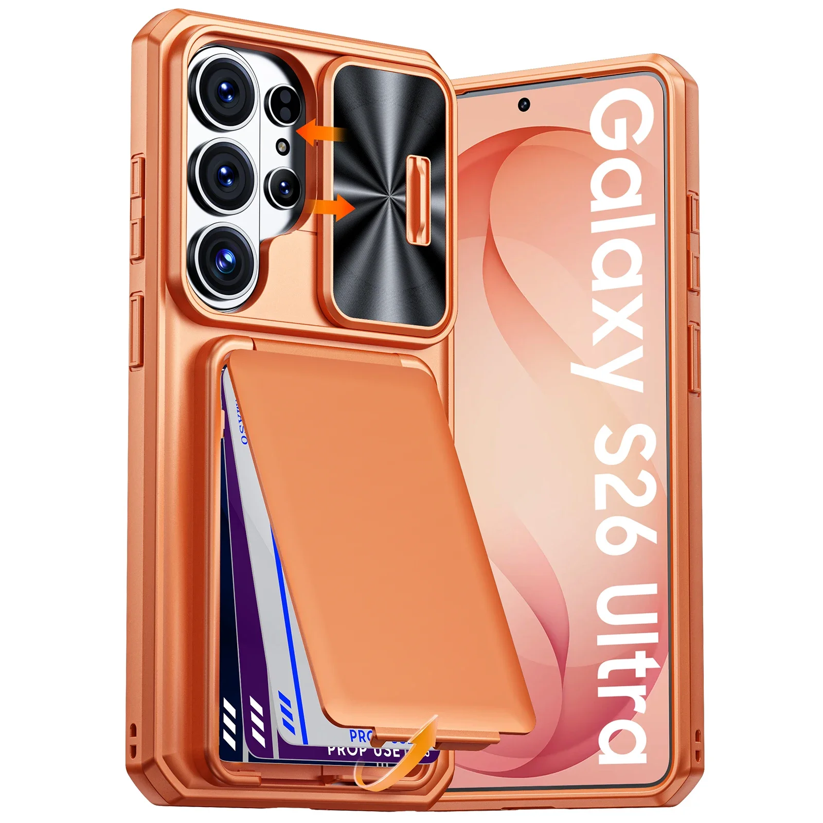 Mit Kartenhalter, Schiebe-Kameraabdeckung und Ständer für Samsung Galaxy S26 Ultra Handyhülle, Sturzsichere PC+TPU Brieftaschenhülle - Orange