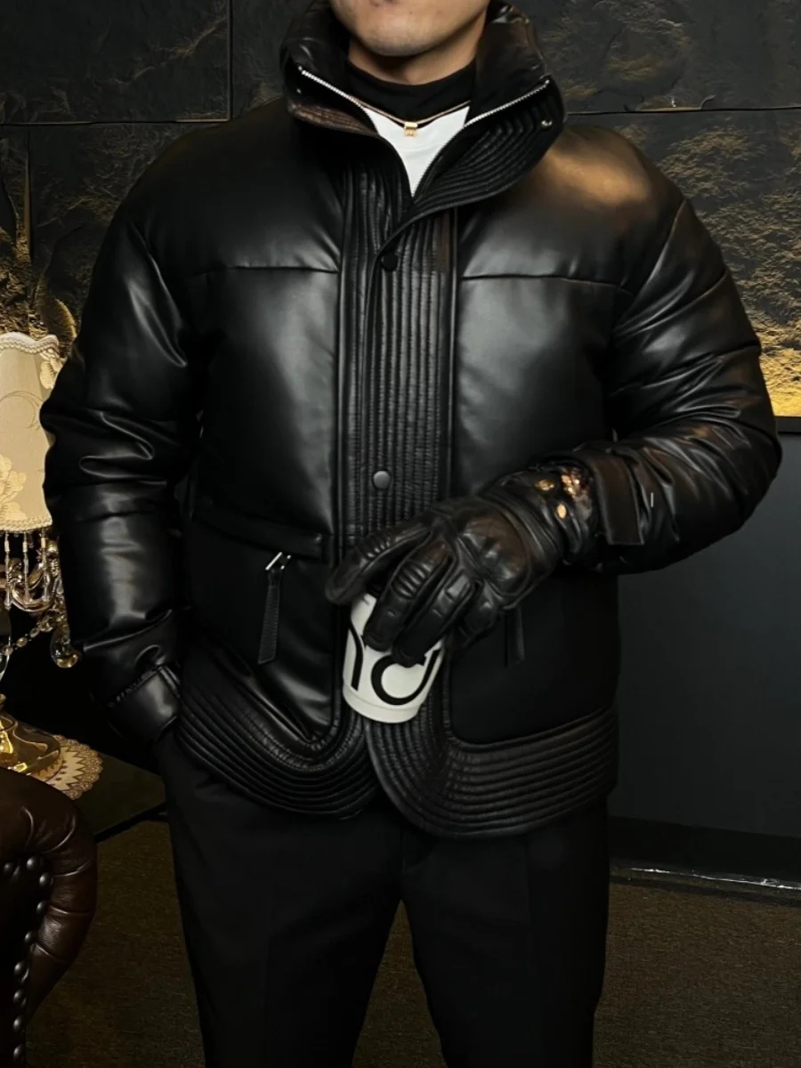 

Осень-зима, мужское кожаное пальто с воротником-стойкой, свободное хлопковое пальто, модное молодежное повседневное теплое пальто на молнии