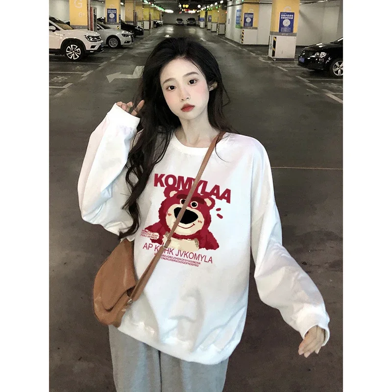 

Spring and Autumn new women cute Cartoon Strawberry Bear Round neck pullover sweater Couples' clothing for men and women