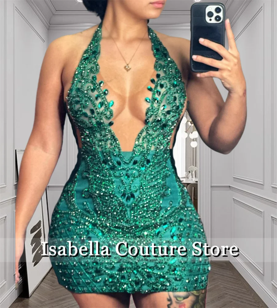 2024 Birthday Dress Green Beads Short Prom Crystal Rhinestones Birthday Cocktail Dress  Vestidos De Festa