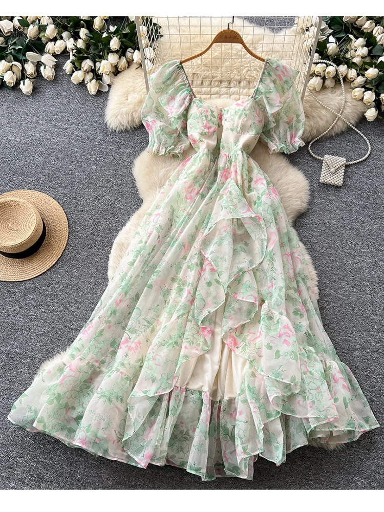 Robe longue d'été pour femme, style coréen, à manches bouffantes, motif floral, taille cintrée, en mousseline de soie à volants, idéale pour les vacances L19