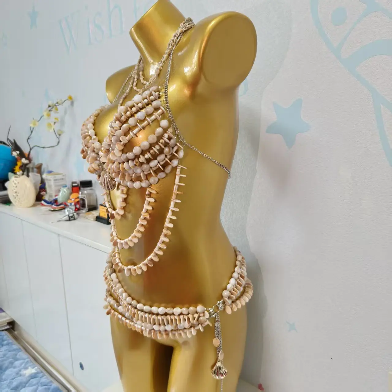 Handmade Goddess Mermaid Rave Outfit Beaded Bralette Top and Waist Chain Beach Accessories 2pcs Beaded Shell Body Jewelry Set