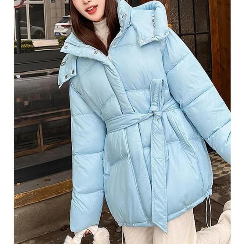2025 Hooded Cotton Jacket Thickened Autumn/Winter Fashion Jacket Women's Solid Color Belt Warm Coat