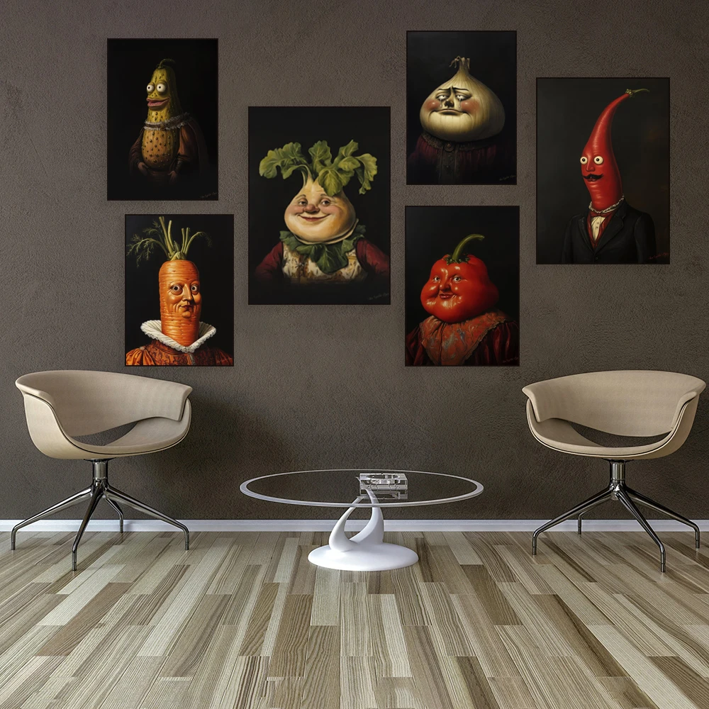 Renaissance food images, onion, garlic, tomato, red pepper, cucumber, eggplant, fruit, still life, baroque exotic kitchen poster