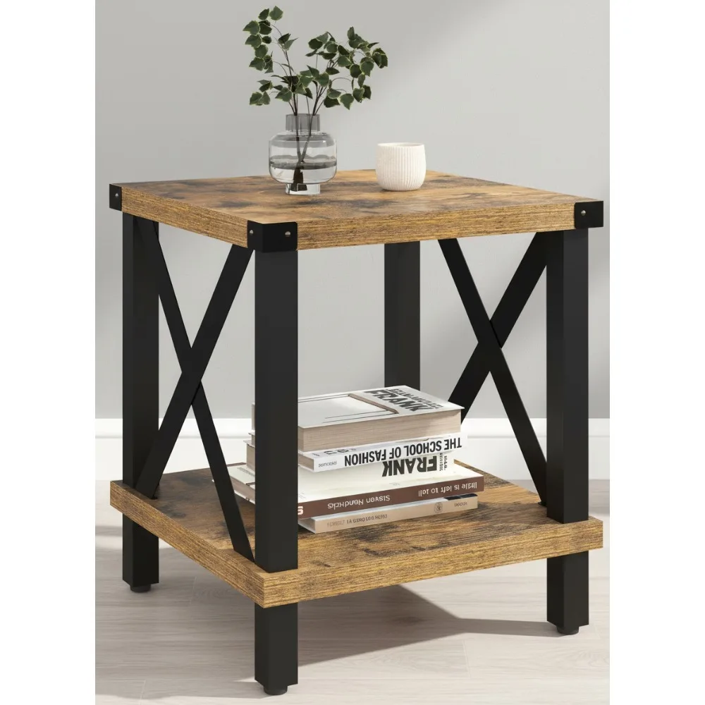 

Large Farmhouse End Table with Storage Shelf Industrial Style Metal X Accent Wood Sofa Side Table for Living Room Bedroom