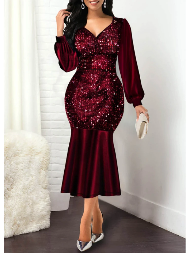 

Dress for Women 2024 Sexy V Neck Sequin Evening Wedding Party Dress Elegant Shiny Long Sleeve Bodycon Mermaid Dresses Formal 5xl