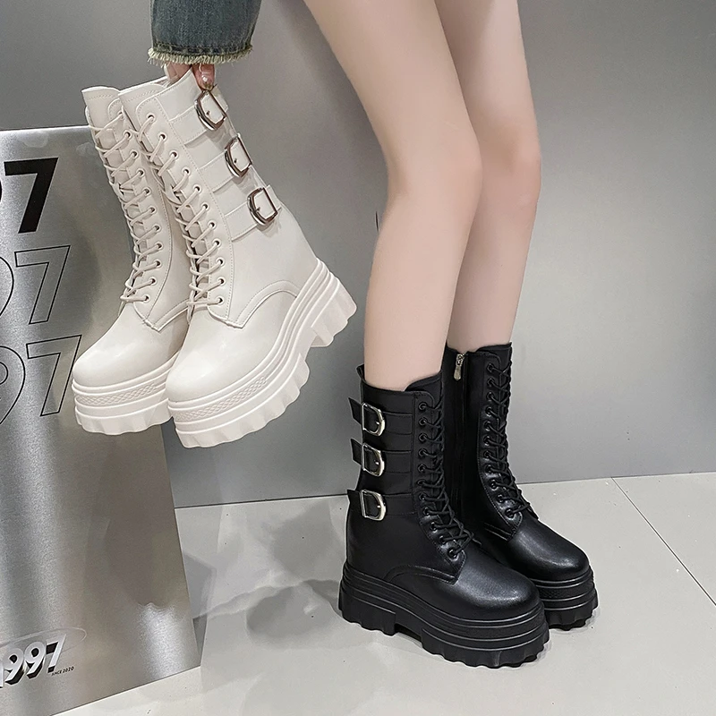 2023 Autumn Women Leather Ankle Boots Lace Up 12CM High Platform Punk Boots INS Hot Winter Chunky Motorcycle Boots Botas Mujer