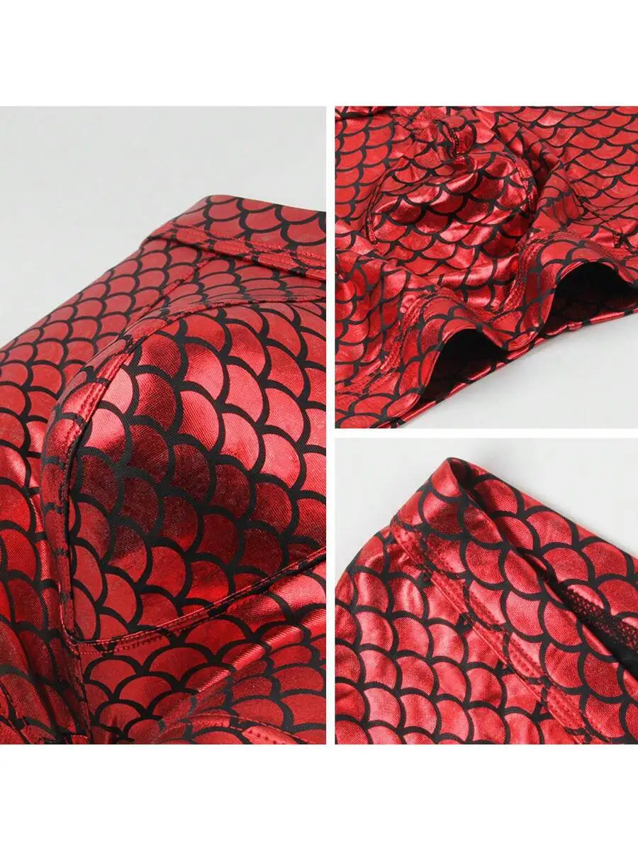 

Mens Red Shiny Fishscale Print Polyester Boxer Briefs Mid-Rise Stretch Fit Underwear