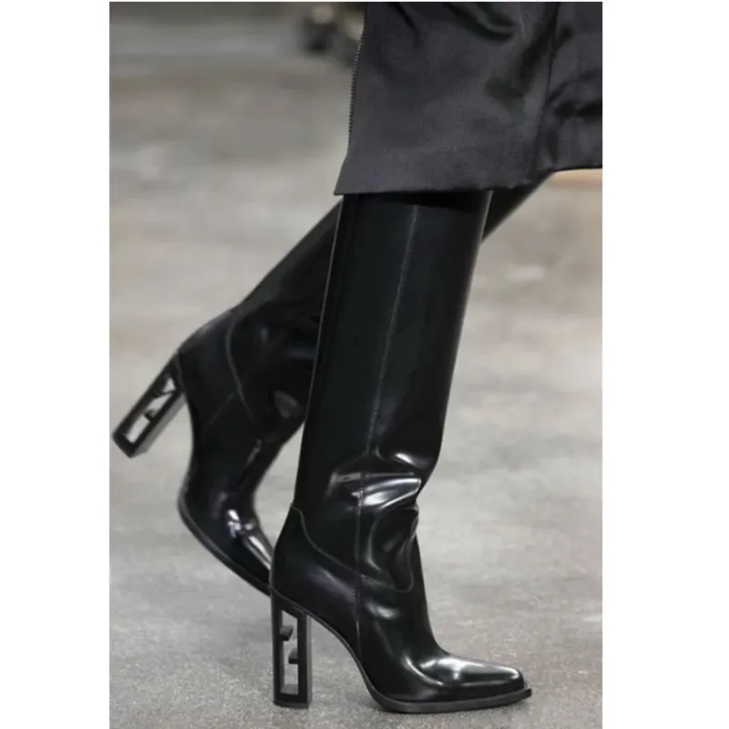 

Women's High Boots Strange Heel Runway Stage Shoes Trend Leather Knee High Boots Pointy Toe Female Fretwork High Heels Boots