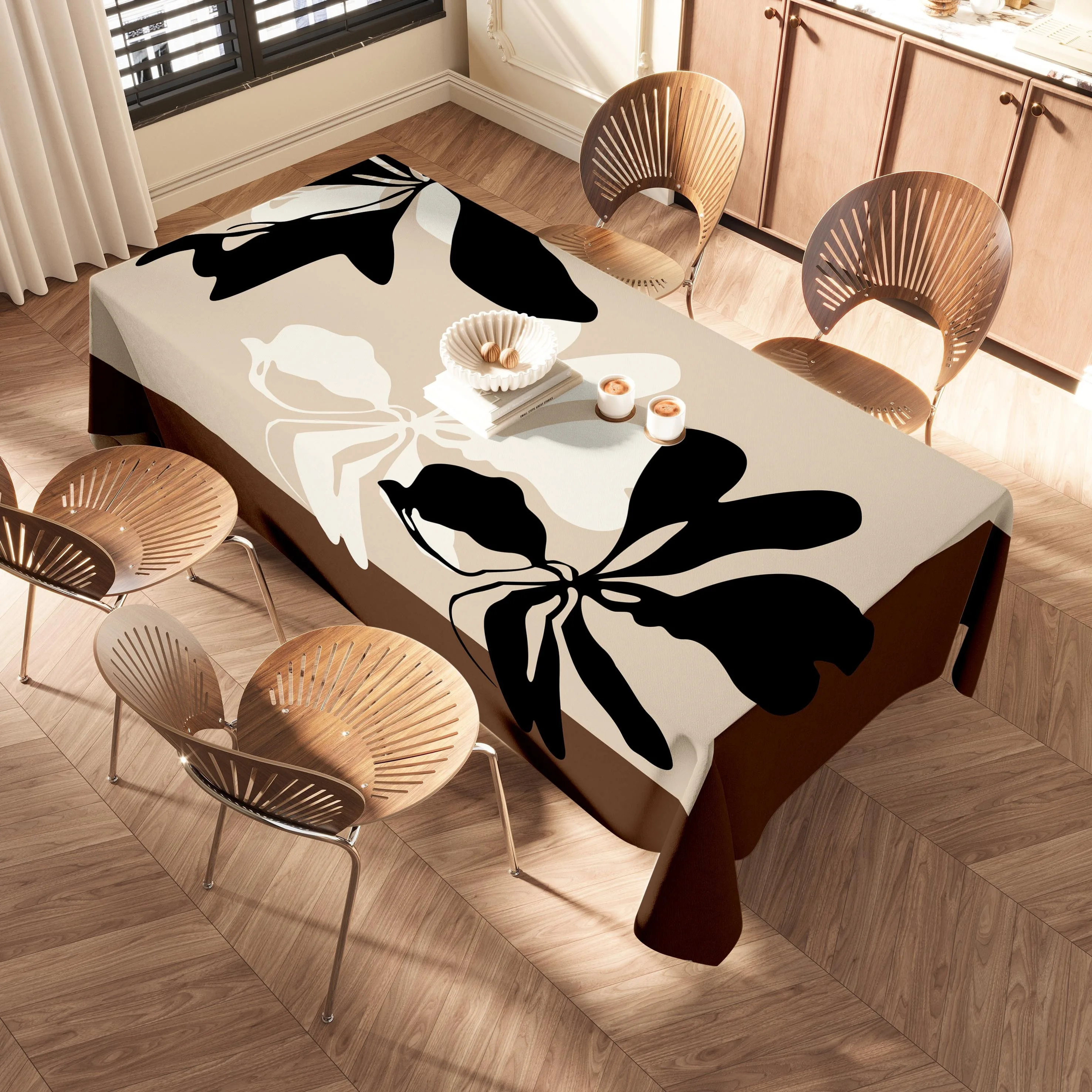 One modern art tablecloth, featuring an abstract ink splatter pattern design, is suitable for use in galleries. zyc