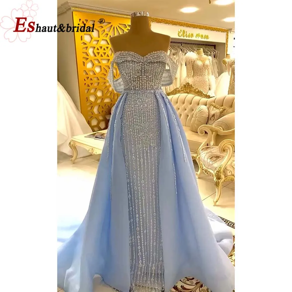 Elegant Sky Blue Pearl Evening Dress for Women 2024 Mermaid Off the Shoulder Detachable Train Formal Prom Wedding Party Gown