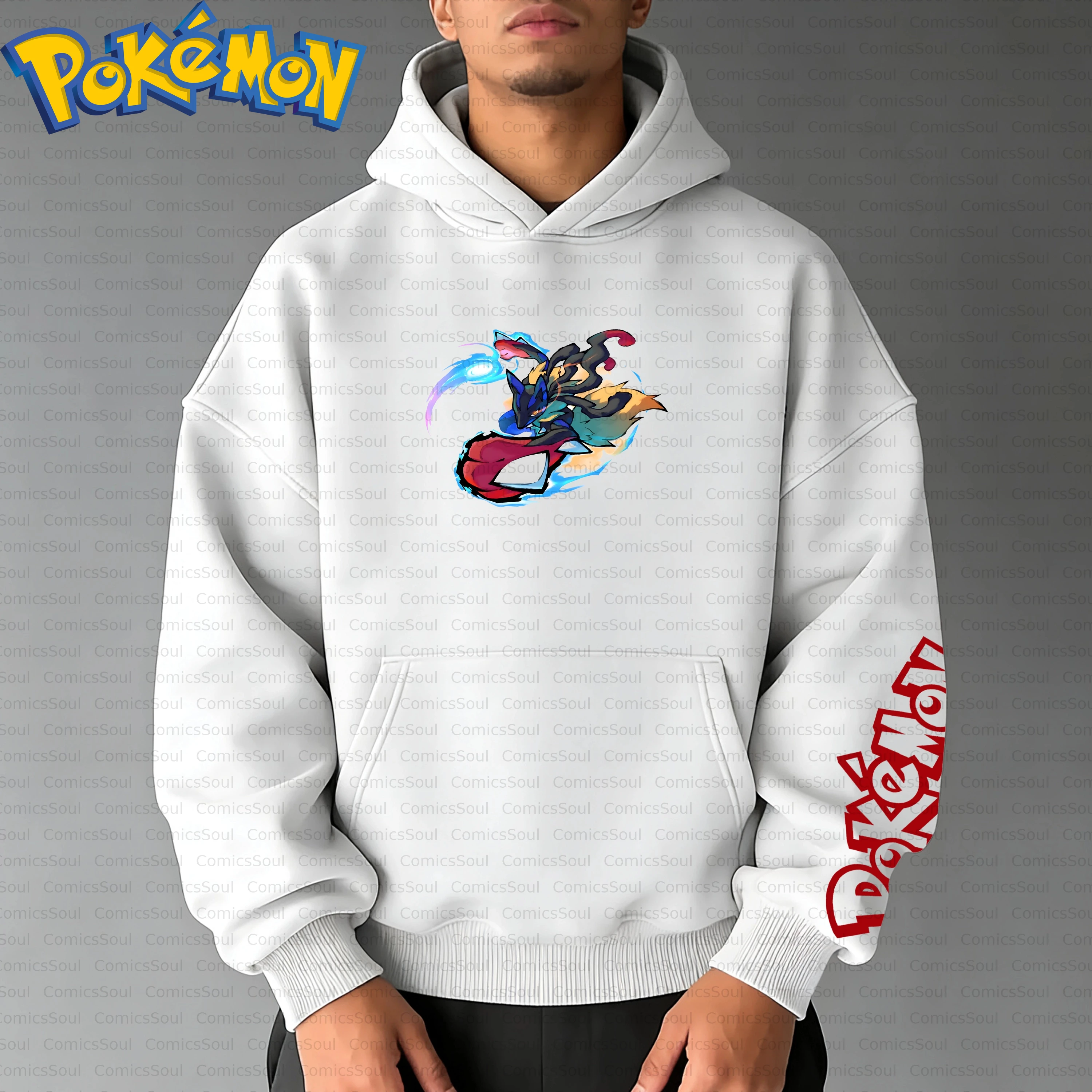 Conjunto de moletom com capuz Pokémon de algodão branco e calças Harajuku com estampa traseira de personagem de olhos vermelhos escuros e design de texto de manga roupa casual
