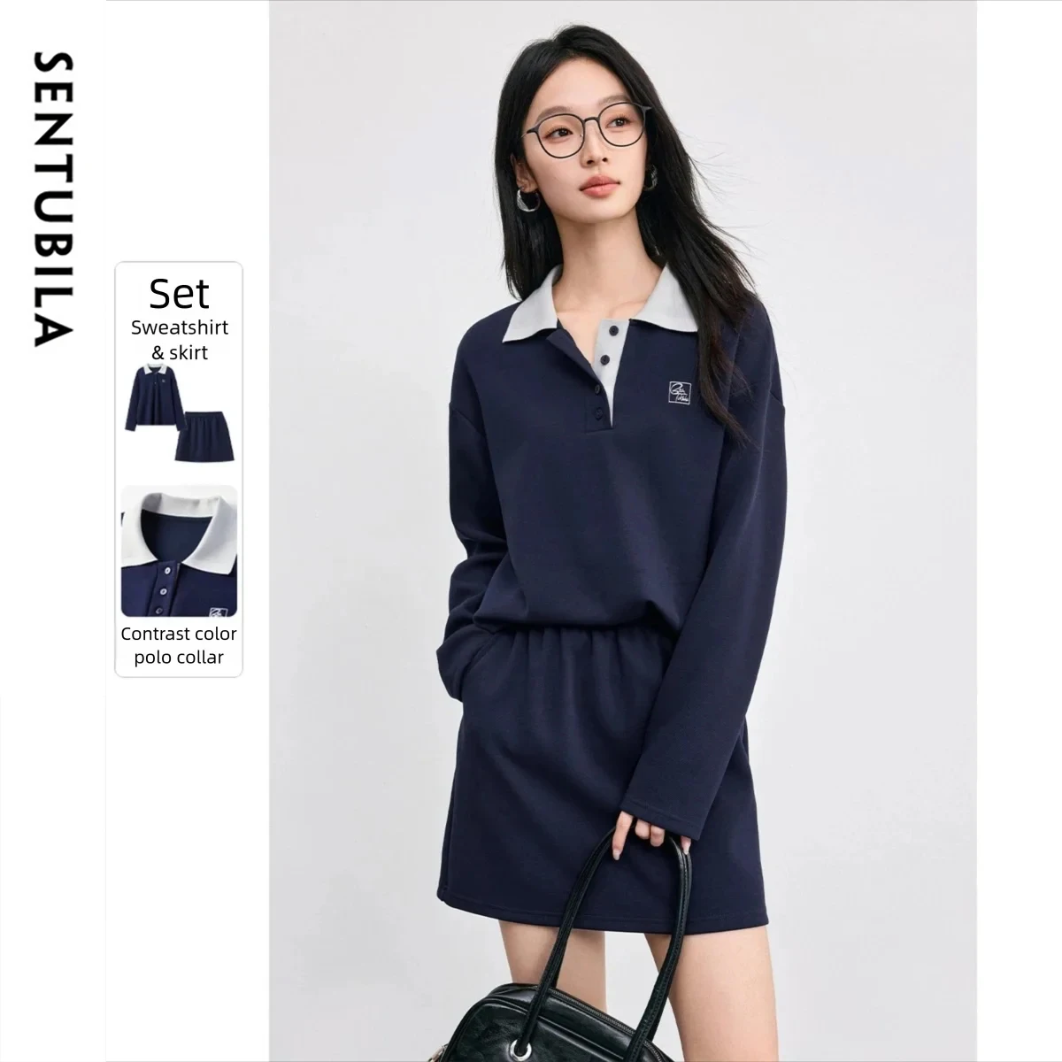 

SENTUBILA Skird Set Autumn Women's Polo Collar Embroidery Ladies Suit Casual Short Dress Two Piece Outfits for Daily 153ZH2492