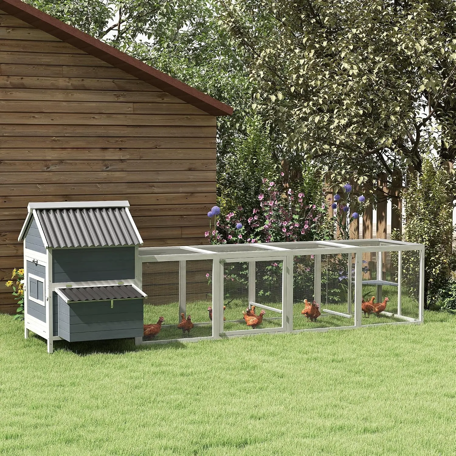 Hen House Poultry Cage, Extra Long Run Cage, Waterproof Wave Roof, Perches, Swings, for 10-15 Chickens Rabbits Ducks