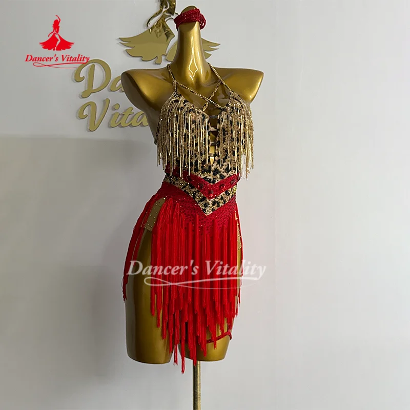 Vestidos de Baile Latino Personalizados, Vestido Sexy con Estampado de Leopardo, Espalda Descubierta y Borlas, Traje para Cha Cha, Samba, Rumba, Atuendo de Actuación, Vitalidad de la Bailarina