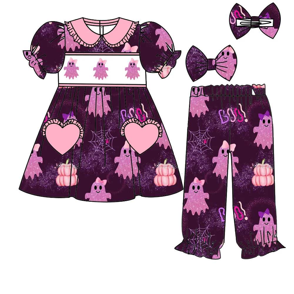 High Quality Purple Halloween Outfits Boutique Kids Pumpkin Magic Hat Print Pajamas Girls Boys Sets