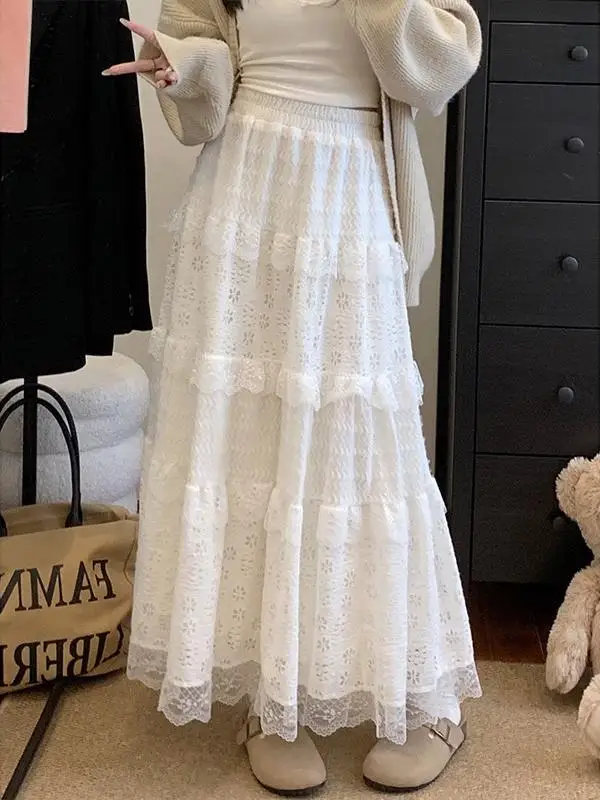 

plus Size Ballet Style Cake Skirt High Waist Slimming Sweet Lace Splicing A-Line Long Skirt Autumn Winter New Arrival