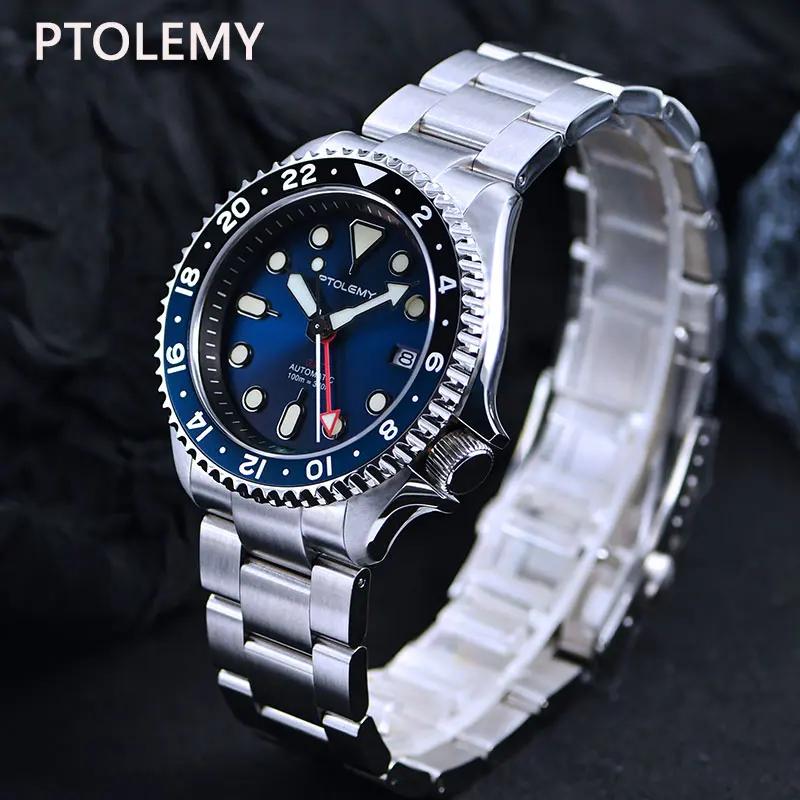 PTOLEMY GMT 100M Waterproof Men's Diver Watch Aluminum Bidirectional Bezel Sapphire Mirror NH34 Automatic Mechanical Wrist watch