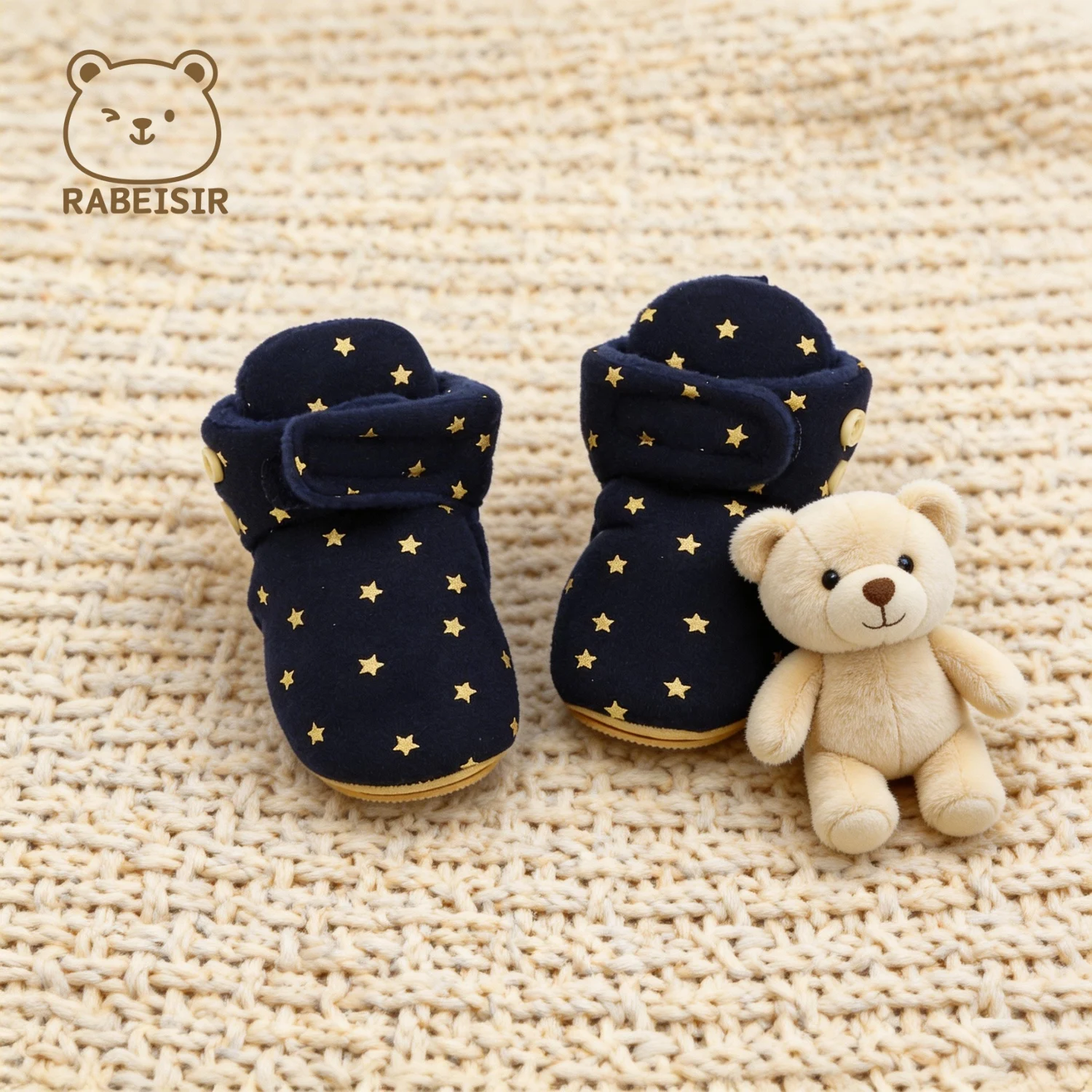 Baby Booties Boy Girl Star Print Fleece Velcro Winter Soft Sole Lightweight White Navy Infant First Walkers 0-18M