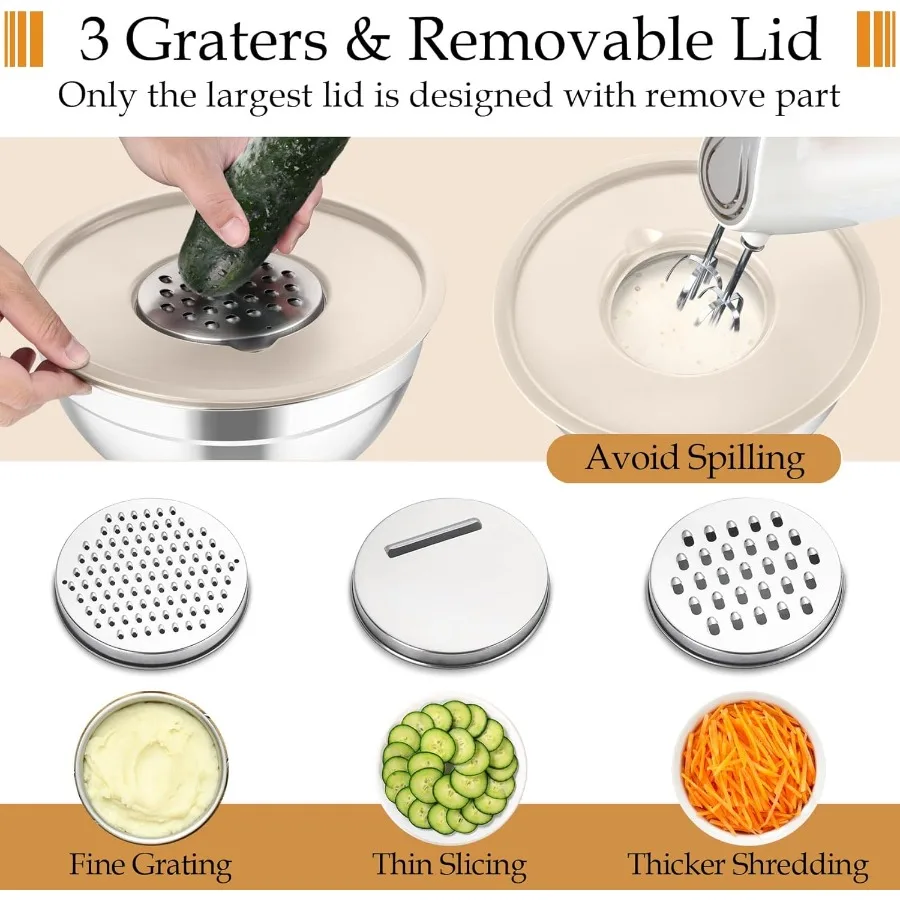 Stainless Steel Nesting Mixing Bowls Set with Lids and 3 Grater Attachments for Kitchen Use: Ideal for Mixing Serving and Stori