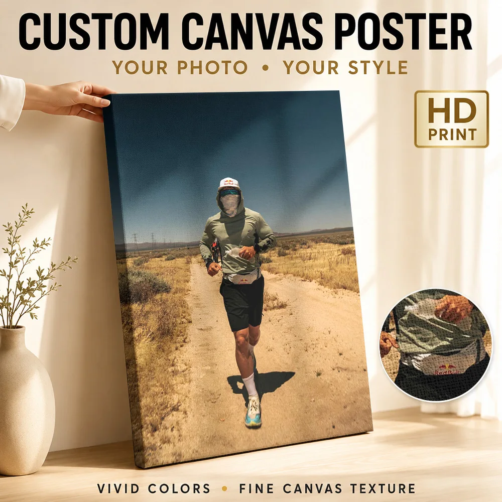 Athlete running on a desert trail Canvas Print Poster Personalized Photo Sports Portrait Wall Art for Game Room Man Cave Decor