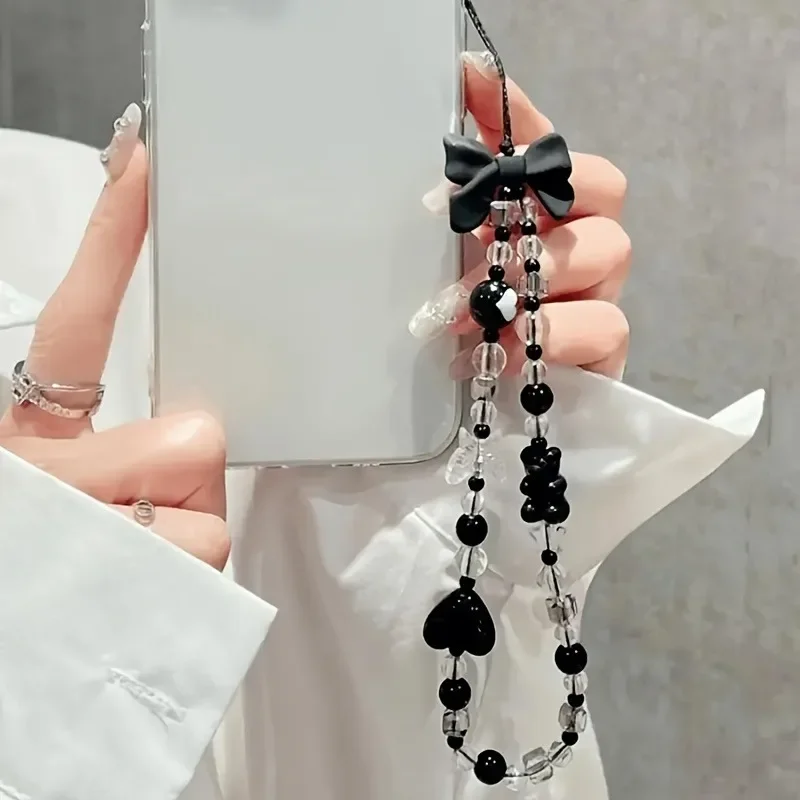 Korean Cute Black Bowknot Bear Phone Strap Charm Chain Knot Cellphone Lanyard Keychain Woman Girl Bag Camera Pendant For Case