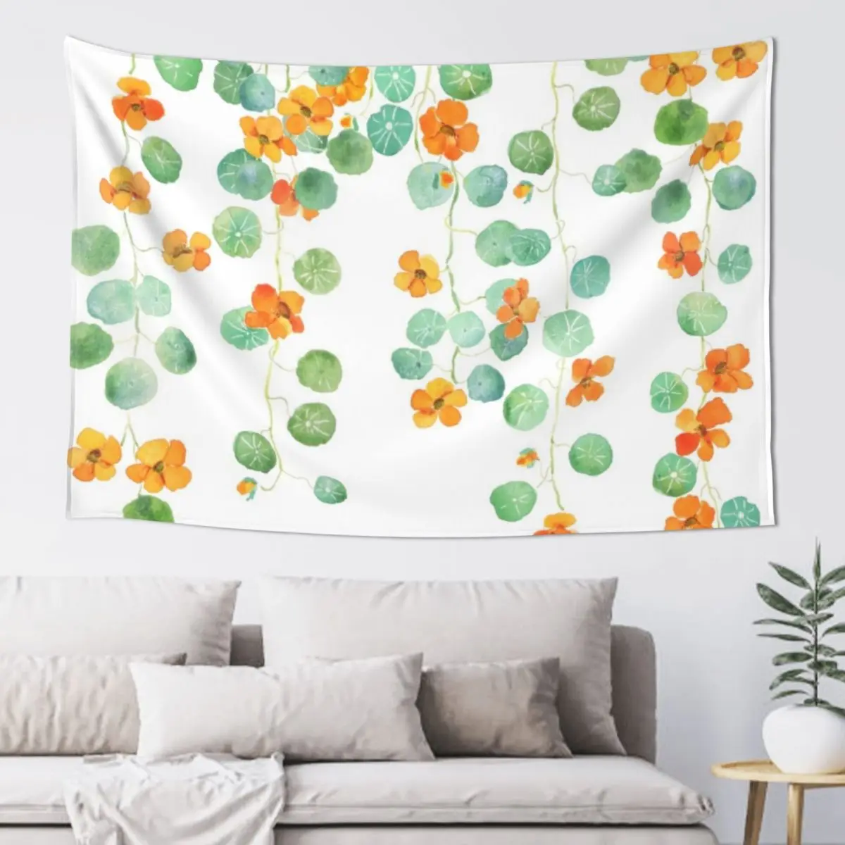 

orange nasturtium flowers and leaves watercolor Tapestry Wall Tapestries Bedroom Organization And Decoration Tapestry