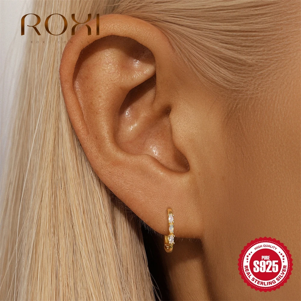 

ROXI 925 Sterling Silver Horse Eyes Zircon Inlaid with Australian Opal For Women Classic U-shaped Piercing Hoop Earrings