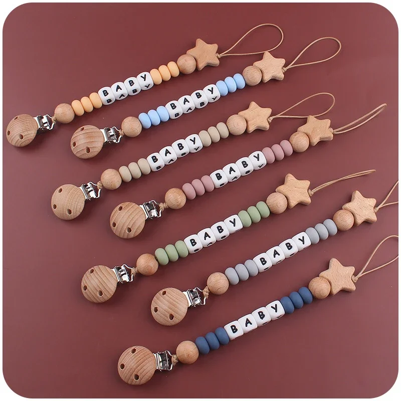 Baby Schnuller Clip personal isierte Name DIY Holz Stern Dummy Nippel Halter Kettens teether für Babys Neugeborene Geschenk Zeug Kau spielzeug