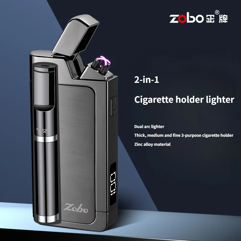 

Оригинальный ветрозащитный перезаряжаемый высококачественный набор: зажигалка и держатель для сигарет с двойной дугой. Подарок на день рождения для парня, гаджеты для мужчин.