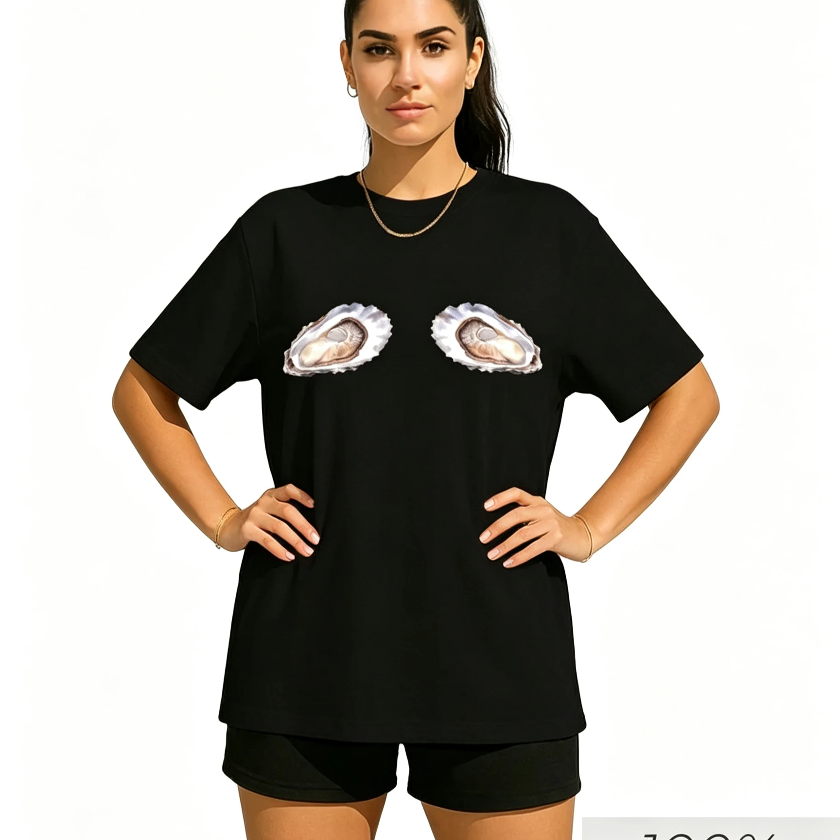 Realistic Dual Oyster Shell Chest Print Oversized Black White 100% Cotton Minimal T Shirt Sweet Women Minimalist Tee Top Street