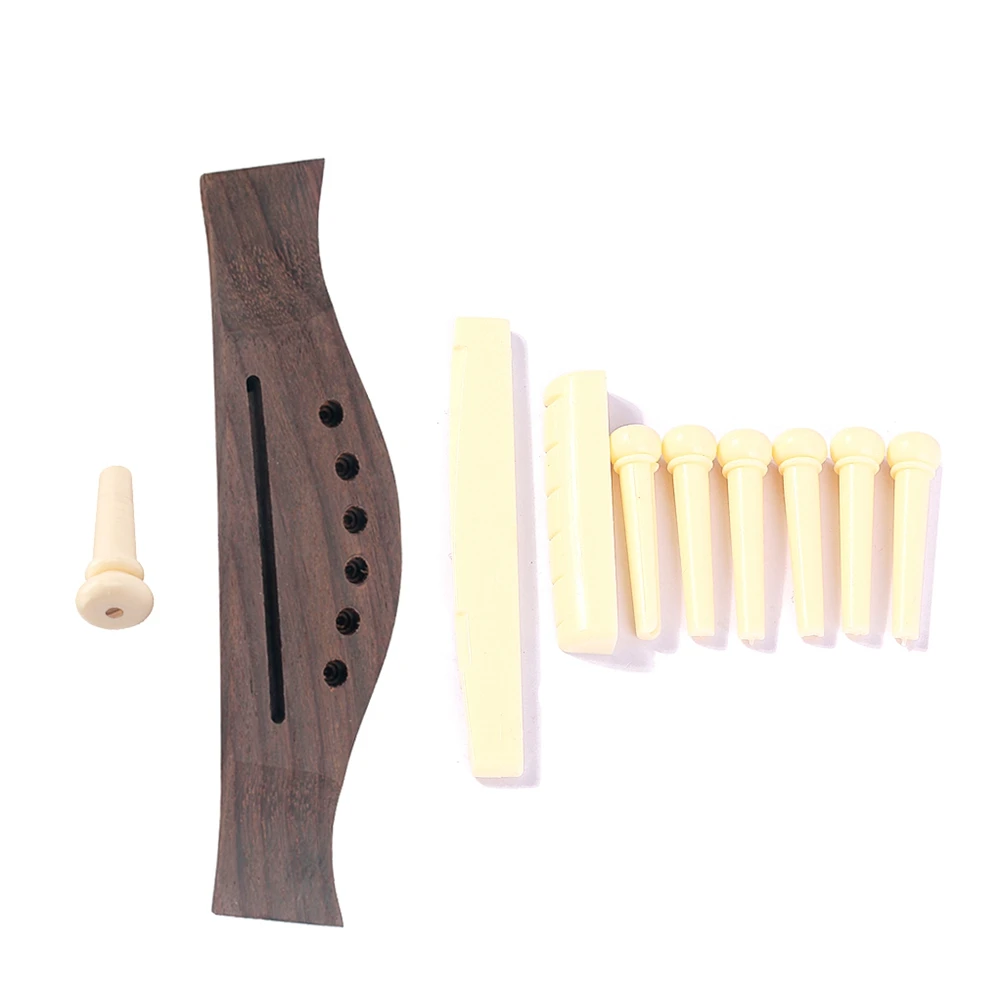 

6-String Guitar Bridge Saddle Nut Kit Rosewood Plastic Zinc Alloy Insert Slotted Bridge Pins Acoustic Guitar Replacement