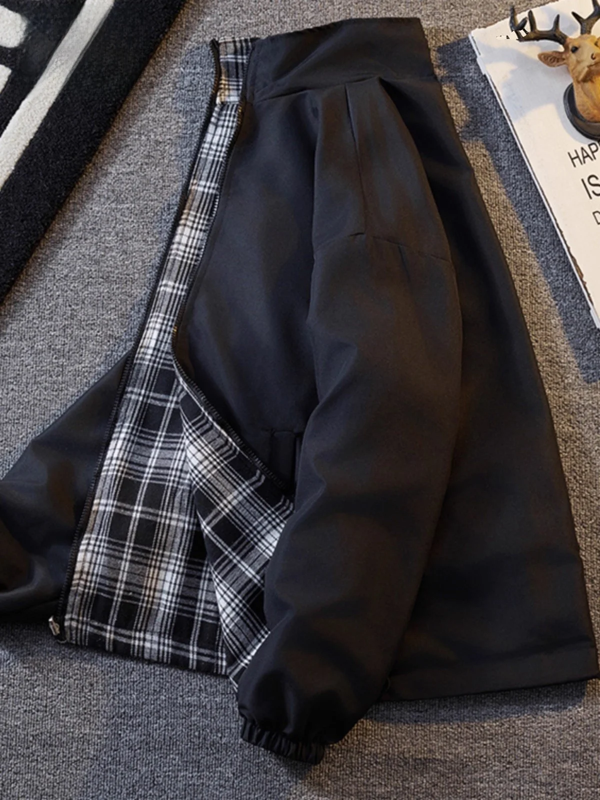 

Double-Sided Wear Plaid Casual Workwear Jaet for Men Retro High Street Sle Loose Fit Polyester Fiber Zipper Closure Coat