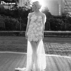 DREAM 3D Flowers Short A-Line Wedding Dresses Pearls Beadings Tulle Long Sleeves Bride Gown Backless Illusion Boho Bridal Dress