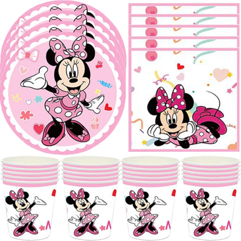 

Cartoon Minnie Mouse Party Decorations Paper Cup Disposable Tableware Paper Plate Tablecloth Kids Birthday Party Baby Shower Set