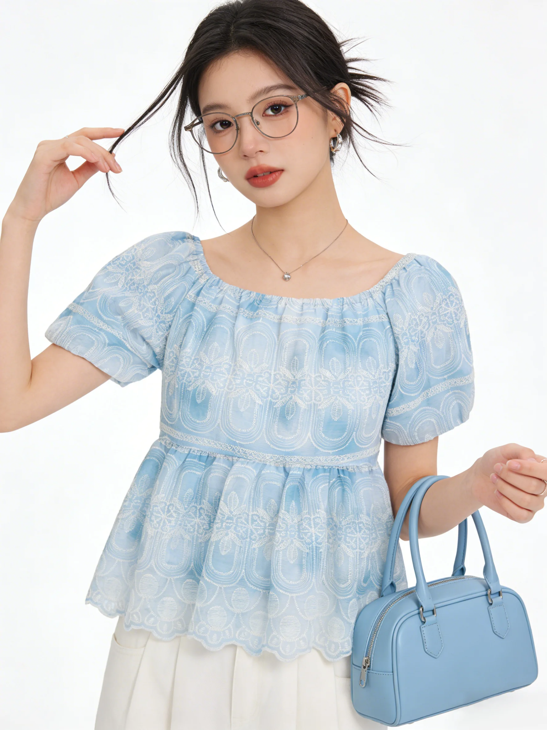 

Сладкая синяя рубашка в корейском стиле с вышивкой, женская летняя рубашка с квадратным воротником, короткими рукавами-фонариками, модный повседневный топ