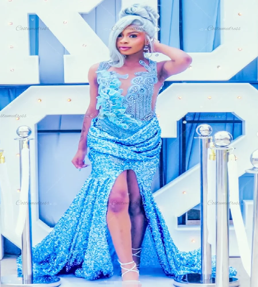 Shimmery Blue Sequin Prom Dress With Slit Aso Ebi Black Girls Beaded Diamond Evening Gowns See Through Back Formal Birthday
