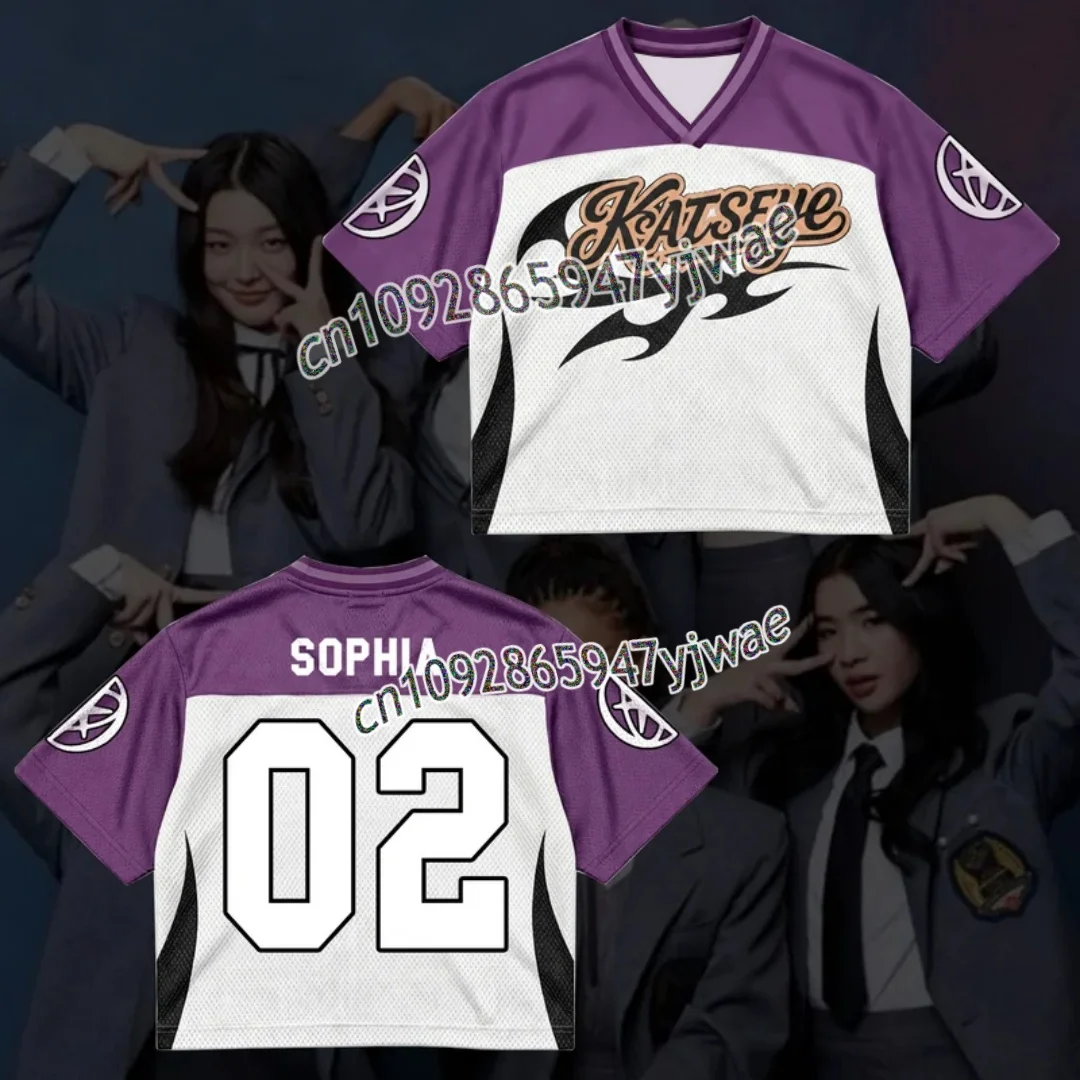 Fashion KATSEYE Purple Flame Streetwear Mesh Jersey For Fans Autumn Men's Women's Short Sleeve Tshirt Kpop Lara Sophia Fans Gift