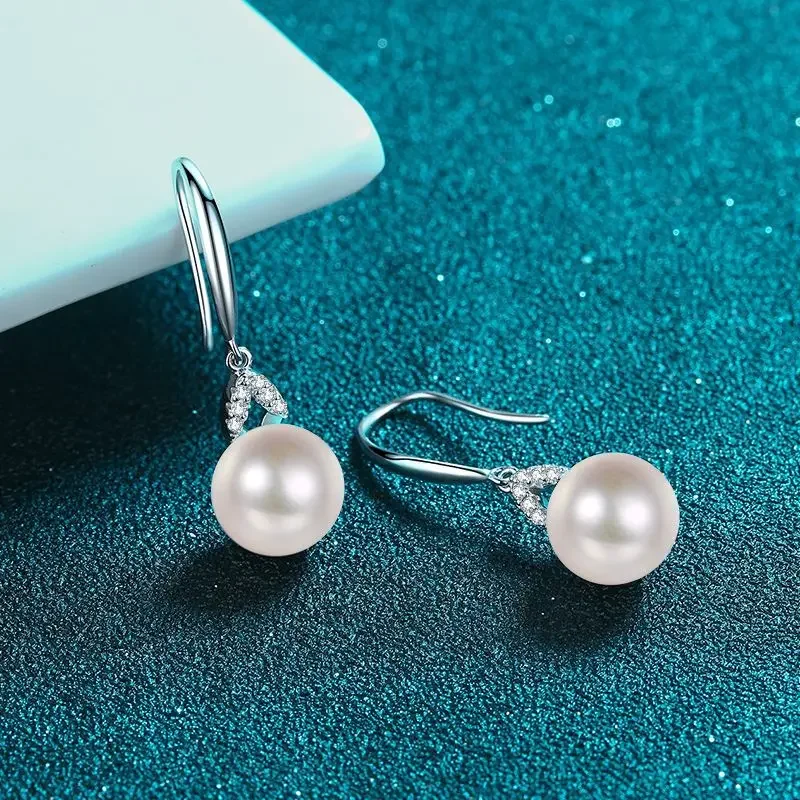 18K Gold Inlaid Women's Earrings, High-end Earrings, Simple Freshwater Pearls, 8-point Moissanite PT950 Platinum Earrings