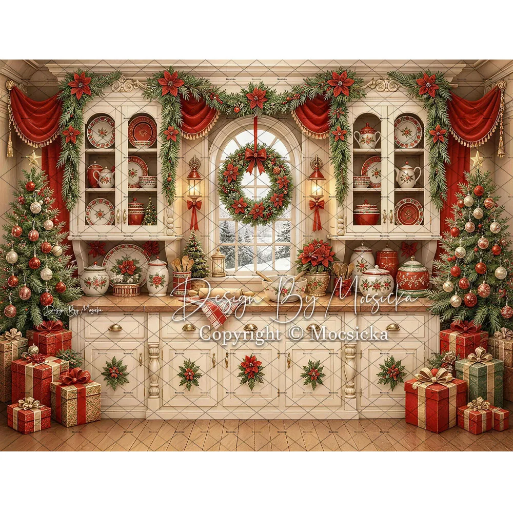 Mocsicka Backdrop Photography Christmas Kitchen Cabinet Wreath Kids Baking Festive Portrait Background Family Xams Studio Photo