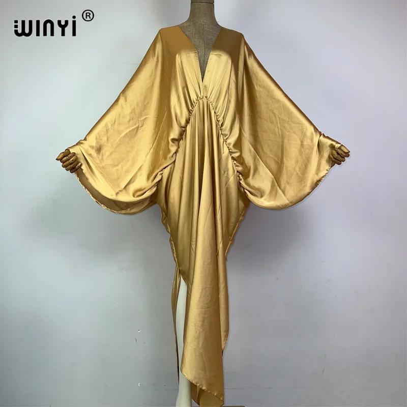 WINYI baju renang monokrom elegan baju pantai wanita baju V-neck musim panas pakaian wanita mode gaun panjang Bawah