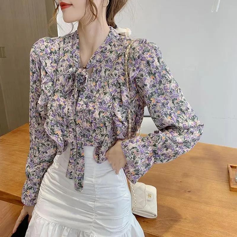 Fashion Floral Loose Blouses For Women Long Sleeve Top Chiffon Shirt Button Bow Tie Collar Printed Blouses Woman Tops