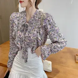 Fashion Floral Loose Blouses For Women Long Sleeve Top Chiffon Shirt Button Bow Tie Collar Printed Blouses Woman Tops