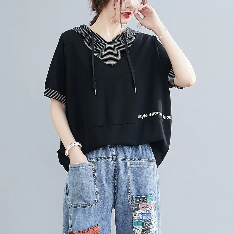 Womens Short-sleeved Hoodies Oversized Korean Loose T-shirt Literary Striped Drawstring Hooded Stitching Printed T-shirt Summer