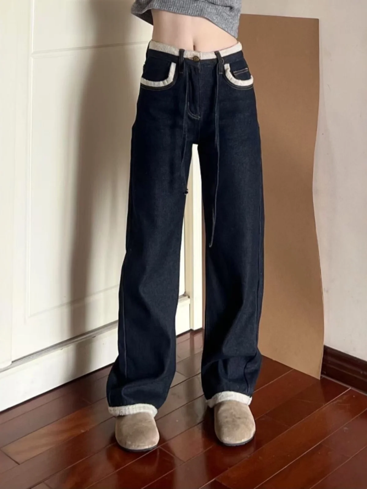 

Темно-синие джинсы с прямыми штанинами на подкладке Fce, женские свободные удобные утягивающие джинсы больших размеров, ленивые свободные джинсы