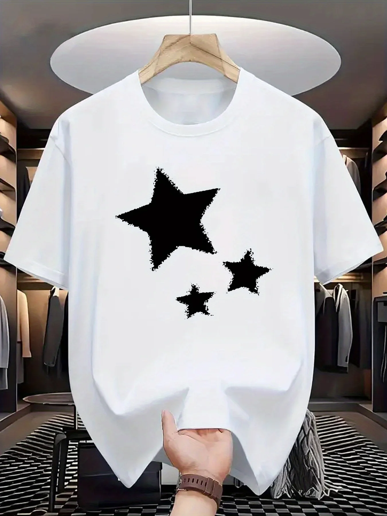 100% cotton men's loose T-shirt fashionable pentagram pattern printed short sleeved round neck casual top