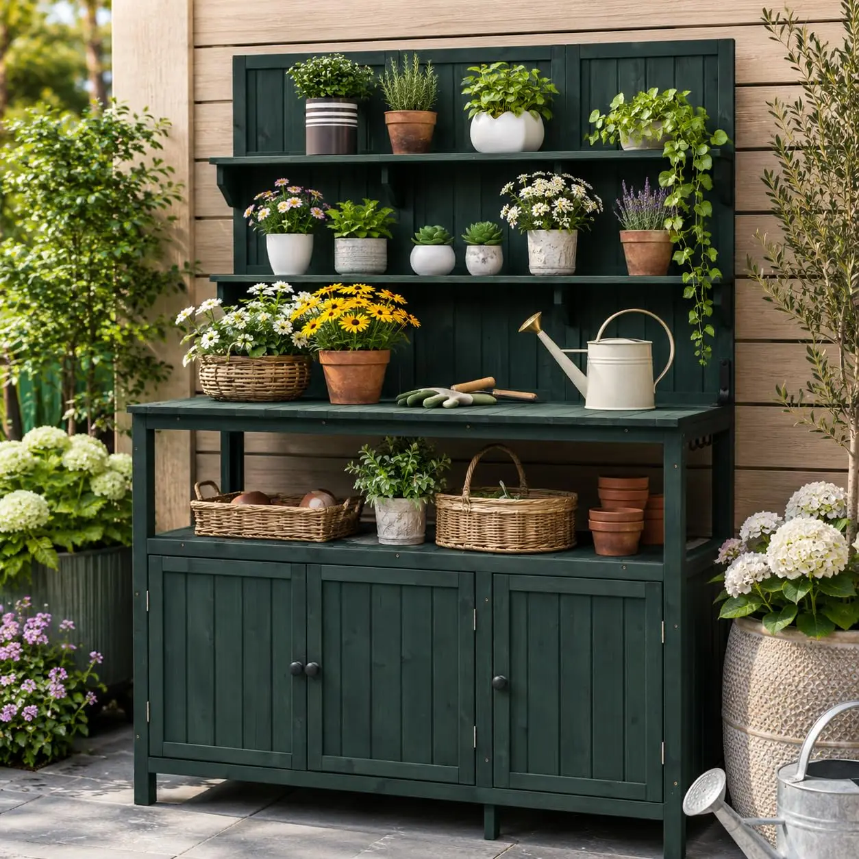 Solid Fir Wood Potting Bench Workstation with Hutch for Garden Outdoor Backyard, Customized