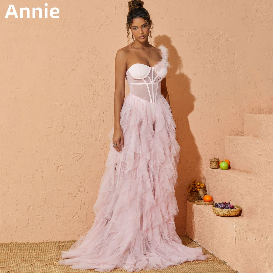 

Annie One Shoulder Pink Prom Dresses Corset Tulle Ruffles Evening Dresses Formal Occasions Party Dresses 2024فساتين السهرة